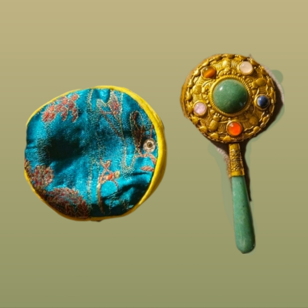 "Exquisite Vintage Miniature Mirror: Gold-Plated, Jade Handle, & Gemstone Accent